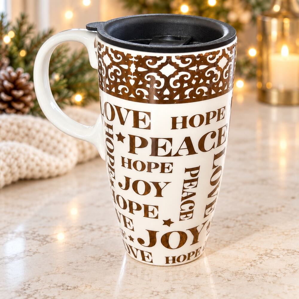 Evergreen Starkt Winter Love Hope Peace Joy Ceramic Travel Mug 17 oz